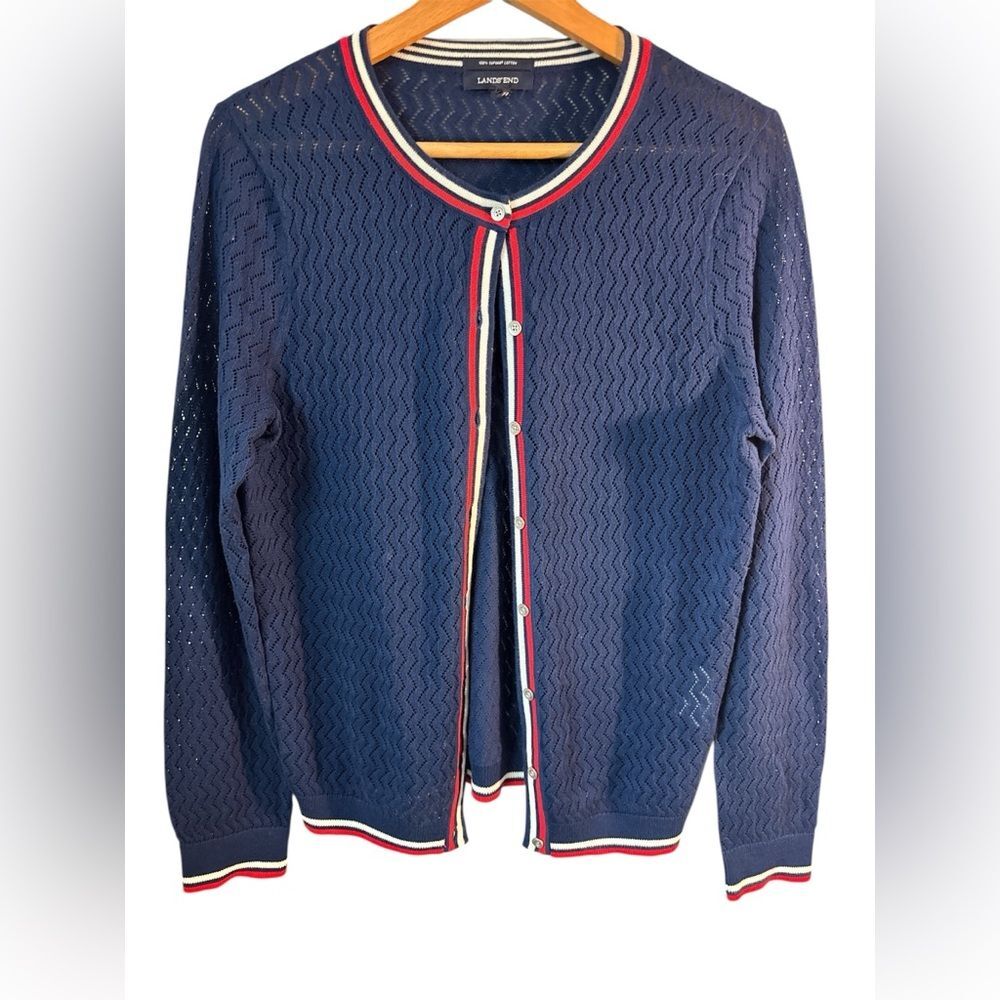 LANDS' END Celestial Blue Supima Cardigan Sweater Nautical Americana